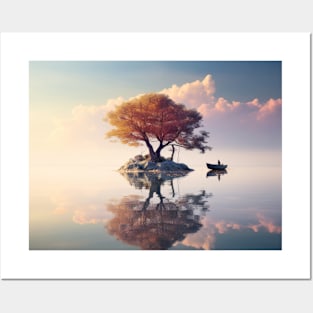 Tree In Calm Lake Serene Landscape Posters and Art